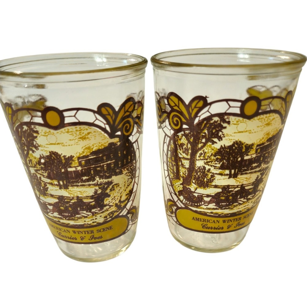 Vintage Kraft Currier & Ives American Winter Scene Glasses Tumblers Set of 2